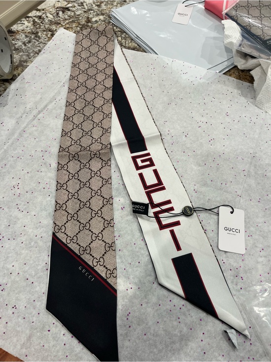 Gucci Accessories - Gucci Beige GG Monogram and White Logo Silk Skinny Scarf with Black Accents